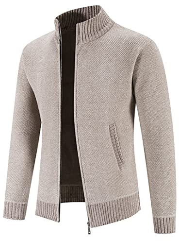 Chaqueta de punto con cuello alto y cremallera para hombre, de forro polar, ajustada, con cierre de cremallera, chaqueta gruesa y cálida, beige, L