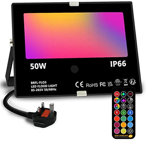Bhochy LED Floodlight Outdoor 50W, Colour Changing Flood Lights with Remote Control, Timing, 4 Modes, IP66 Waterproof, UK 3-Plug，1 Pack