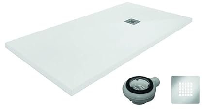 Plato de Ducha 80x80 cm en Resina con Cargas Minerales - Modelo SERIE 500 Antideslizante y Antibacteriano - Plato de Ducha Textura Pizarra Blanco - Válvula de Desagüe incluida - REALSHOWER