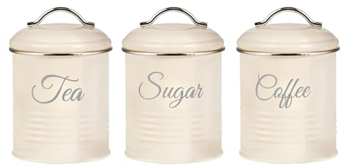 Innoteck Tea Coffee Sugar Canister Set - Set of 3 Kitchen Canister Sets with 1.3L Capacity, Food-Grade Metal Kitchen Food Storage with Airtight Lids, Tea Coffee & Sugar Tins for Organising, Cream