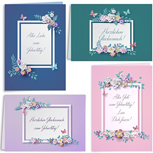 Geburtstagskarte Glückwunschkarten Set mit 12 Geburtstagskarten Klappkarten mit Umschlägen Herzlichen Glückwunsch zum Geburtstag Happy Birthday Blumen Schmetterlinge Bunt