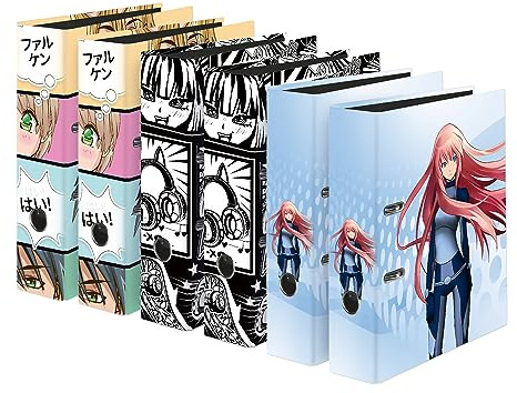 Falken - Réf. 2102208000F - Carton de 6 classeurs à levier 2 anneaux Manga - A4 - Dos de 80 mm - Mécanique 70 mm - Dimensions : Longueur 28,5 x largeur 8 cm x hauteur 31,8 cm - motif Manga assortis