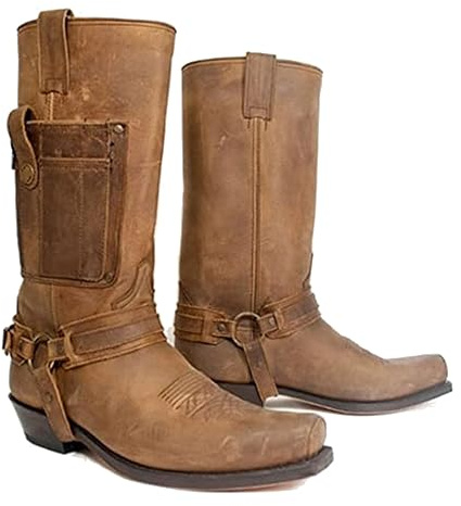 SIULAS Western Cowboy Boots - Bottes à Bout carré pour Hommes - Bottes médiévales en Cuir PU à Talon Bas Mid Tube Knights pour Cosplay,Marron,42