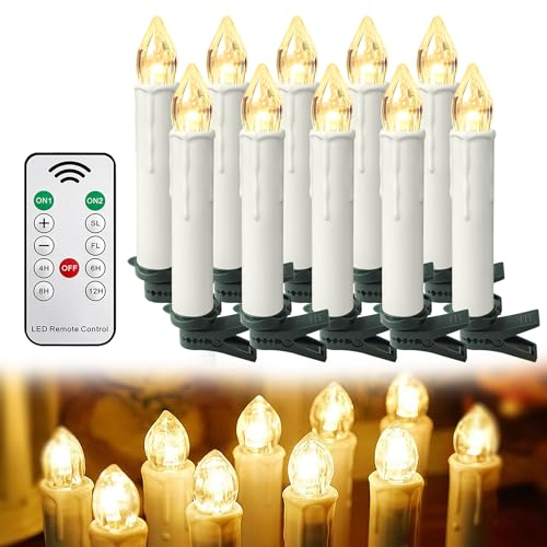 YRHome 10 candele a LED di Natale, senza fili, luce bianca calda, con telecomando e clip, per albero di Natale, decorazioni natalizie, feste, matrimoni, festività, dimmerabili