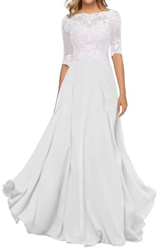Sincemeet Abito da Madre della Sposa in Chiffon di Pizzo da Donna Abito da Sera Formale con Maniche a 3/4 Un Abito da Ballo di Linea