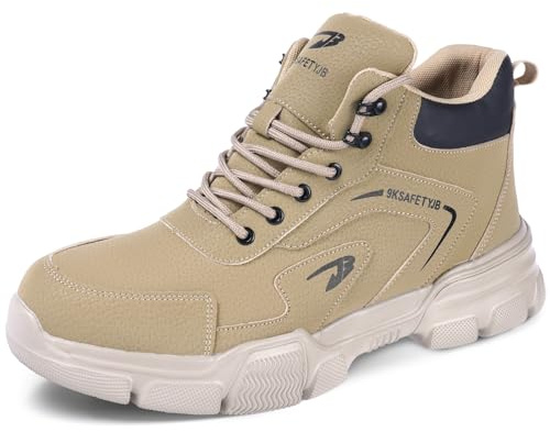 OFFCUP Sicherheitsschuhe Herren Damen, Wasserdicht Stahlkappe Arbeitsschuhe, Schnittschutzstiefel, Rutschfeste Leicht Knöchelhoch Leder Sicherheitsschuhe Khaki Größe 42