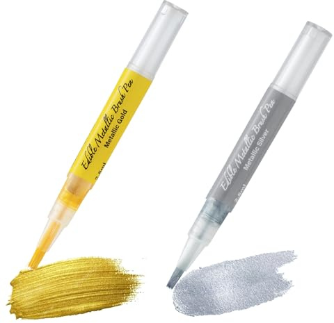Edible Metallic Paint Pen, Gold Silver Color Food Coloring Marker,Food Paint with Brush Tip for Decorating Cookies, Cake, Fondant, Icing, Frosting, Easter Eggs, DIY Baking, Painting, Drawing - by PREATOC