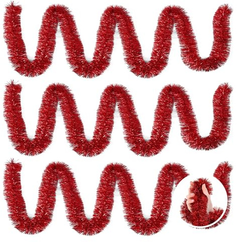 3 Pieces 59 Feet Christmas Foil Tinsel Garland, Metallic Tinsel Twist Garland Shiny Hanging Decorations for Holiday Tree, Party Supplies for Wedding, Birthday, Christmas (Red)