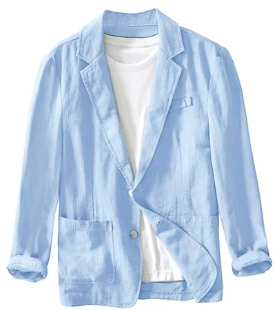 Blazer de hombre hecho de lino, chaqueta ligera y delgada deportiva, casual de corte regular, chaqueta de traje de verano de manga larga de color sólido, azul claro, 3XL