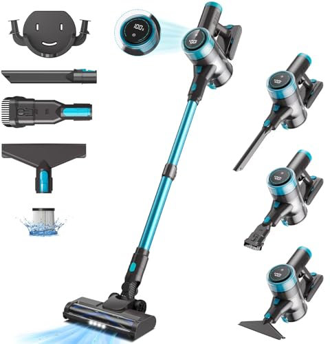 Quilted Northern 45KPa/65Mins Akku Staubsauger, 1.5L Staubsauger Kabellos mit LED Touchscreen/Anti-Tangle-Bürste, Stabstaubsauger mit 4 Staubsaugerköpfe, für Hartböden/Teppich/Tierhaare