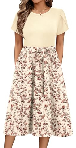 Zeagoo Sommarklänningar för Kvinnor Rund Hals Elegant Kort Ärm Hög Midja Midi Casual Klänningar Blommig Klänningar Med Fickor S-XXL