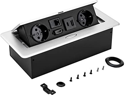 Versenkbare Steckdose, Pop Up Schreibtisch Steckdose, 2 Steckdosen + USB-A+C-Buchsen + LAN-Buchse + HDMI-Buchse, Tischplatte Versteckt Steckdose für Arbeitsplatte, Küche, Büro, Aluminiumlegierung