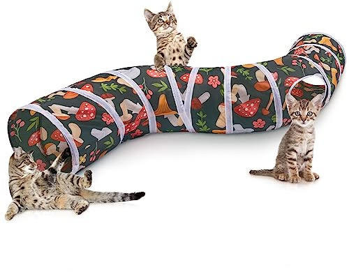 Hedgeink Cat Tunnel S-Shape Peekaboo Cat Cave with Toys Tunnels for Indoor Cats Foldable Rabbit Play Tubes for Guinea Pig, Ferret, Hamster Puppy, Bunny, Kitten, Dark green mushrooms