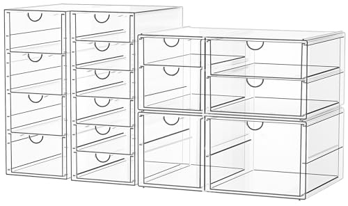 SortNStore Schreibtisch Organizer with 16 Schubladen: 4er-Set Make up Organizer mit Anti-Rutsch-Pads | Stapelbare Schubladenbox für Kosmetik, Bürobedarf, Werkzeug, Bausteine