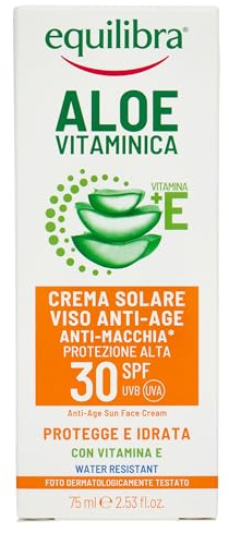 Equilibra, Solkräm ansiktskräm SPF 30, 75 ml, anti-aging och fläckskydd, parfymfri, med Aloe Vera, vitamin E, morotsolja, argan, kokosnöt och sheasmör