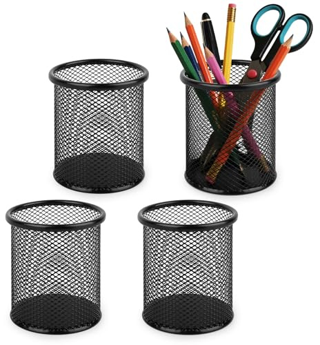 UTOCLEC Metall Stifteköcher, 4 Stück Schreibtisch Organizer, Kinder Stifteköcher, Stiftehalter Rund Aus Drahtmetall, Schreibtisch Stiftebox Schwarz