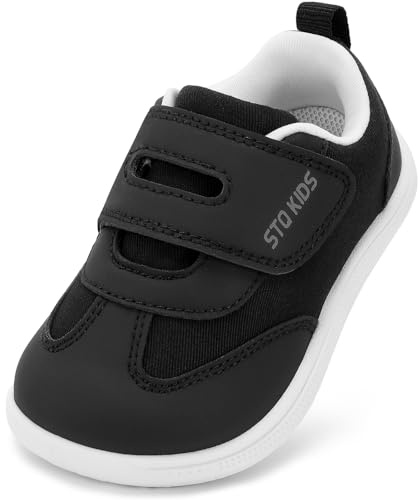 STQ KIDS Boys Trainers Kids Barefoot Shoes Black School Shoes Girls Toddler Wide Toe Box Tennis Baby First Walking Running Boy Girl Sneakers Lightweight Minimalist Black White Toddler Size 8