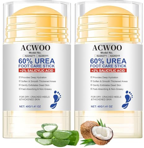 ACWOO 60 % urea-kräm, 2 st fotkräm med urea, reparationsstång, sprickade hälar, fuktgivande fotkräm, fotvårdskräm, för torra och spruckna fötter, händer, armbågar