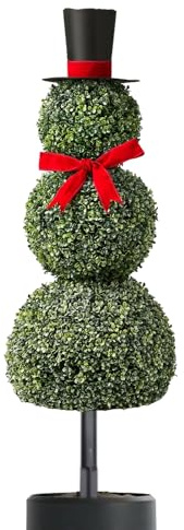 Christmas Snowman Topiary Pot, 80cm Artificial Snowman Shaped Topiary Tree With Red Bow Santa Hat, Indoor Outdoor Boxwood Topiaries For Home Porch Decor, Christmas Thanksgiving