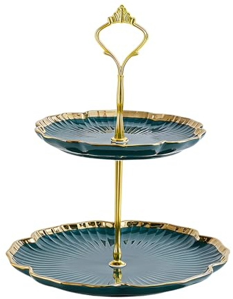 Bandejas para Tartas Cerámica Soporte para Frutas de 2 Niveles, Soporte de Torta Simple Platos de Postre, Bases para Cupcakes Galletas Caramelos, Bandeja de Servir para Navidad Boda Fiesta (Green)