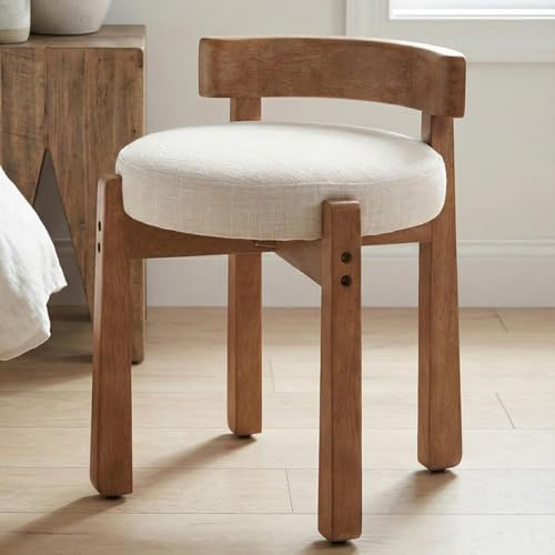 HNY Modern Linen Ottoman- Low-Back Makeup Seat & Lounge Footrest with Solid Wood Frame, Casual Style for Bedroom Dressing Area, Beige