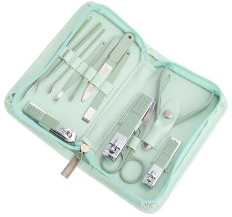 Uonlytech Kit de Manicura Profesional de Acero Inoxidable, 12 Piezas en Verde Matcha, Set Multifunción para Cuidado de Uñas y Pedicura, Portátil y Ligero para Uso Doméstico y Viaje