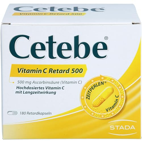Cetebe Vitamin C Retard 500 Arzneimittel – hochdosiertes Vitamin C mit Langzeitwirkung, 1 x 180 Kapseln, 500 mg Vitamin C, geschmacksneutral