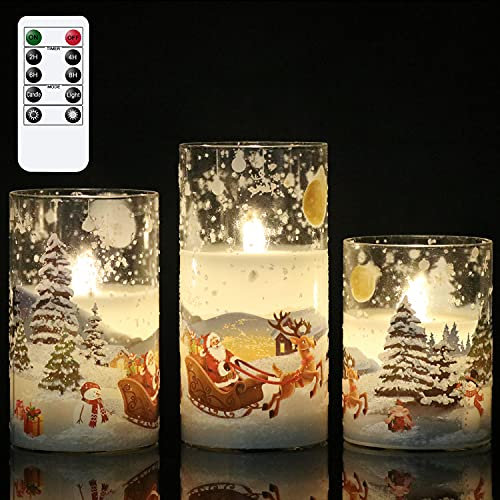 DRomance Santa Claus Glass Flameless Candles Battery Operated Remote and Timer Real Wax LED Flickering Pillar Candles White Cold Light Window Christmas Holiday Decor D3 x H4, 5, 6