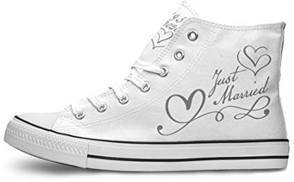 INKICKS - weißer Sneaker Bedruckt mit Just Married Design personalisierbar Gr. 38 I Hochzeitsgeschenk I Für Damen & Herren I Individuelle Anfertigung nach Kundenbestellung