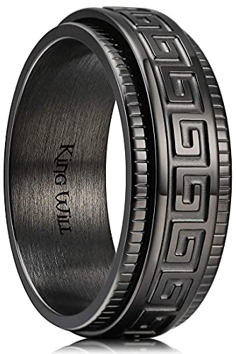 King Will 316L Stainless Steel Fidget Spinner Ring for Men Women-8mm Black Spinner Ring with Black Greek Key Pattern Anxiety Stress Relief Wedding Band Ring Comfort Fit Size 9
