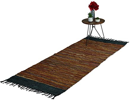 Relaxdays Flickenteppich, 80 x 200 cm, Baumwolle & Leder, Teppichläufer mit Fransen, rutschfest, Fleckerlteppich, braun