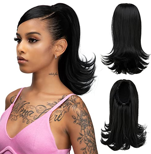 YUMOREAL Short Black Drawstring Ponytail Hair Extension for Black Women 14 Inch Straight Ponytail with End Curls Synthetic Fake Hairpieces