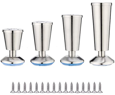 KMERCE 4pcs Möbelfüße Metall Verstellbar 12cm, Kommodenfüße Silber, Schrankfüsse aus Edelstahl, Füße für Möbel schränke, Sideboard Kommode, Kommode, Mit Schrauben+Anti Rutsch Stummschaltbasis