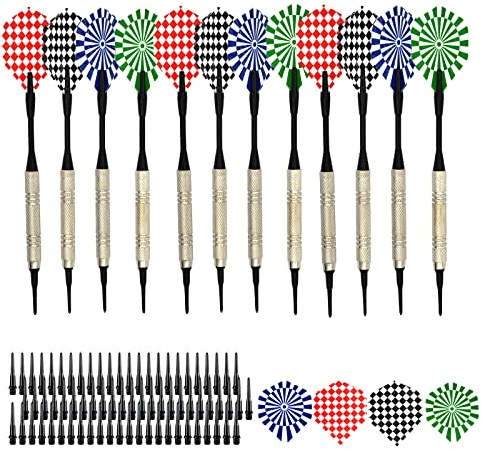 Skyzone Dartset, 12 Stück Softdarts für elektronische Dartscheibe mit 100 extra schwarzen Kunststoffspitzen für Aufenthaltsraum Bar und Spielzimmer (14g)