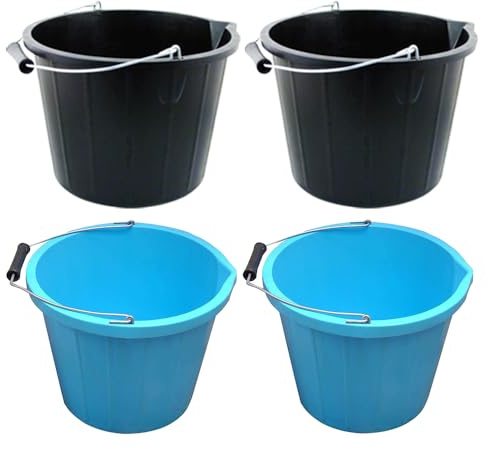 Set of 2x Black and 2x Blue- Plastic Builders Bucket 3 Gallon 14 Litre Water Mixing Storage Strong with Handle and Spout Contractors Bucket Ideal for Construction Trade DIY Animal Feed Made in U.K.