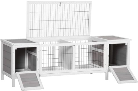 PawHut Rabbit Hutch, Wooden Guinea Pig Hutch Separable Rabbit Run with Slide Out Tray, for 2-4 Rabbits Indoor Use, 161 x 50.5 x 53.3cm - Grey