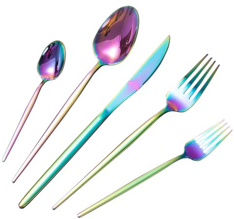 Besteck Set, LAZAHOME 30-teilig Besteckset für 6 Personen mit Messer Gabel Löffel, Edelstahl Essbesteck für Familie/Party/Hotel/Restaurant, Regenbogen Tafelbesteck, Spiegelpoliert＆Spülmaschinenfest