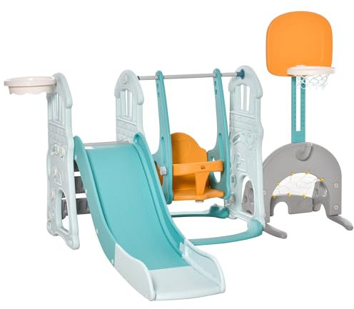 HOMCOM Scivolo per Bambini 4 anni max con Altalena, Canestro, Porta da Calcio e Anelli, Gioco per Bambini in HDPE e PP, 210x186x133 cm, Blu e Arancione