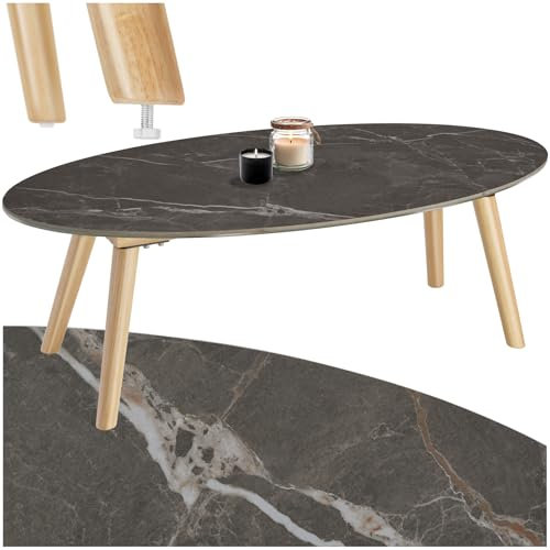 tectake® Couchtisch Oval, Wohnzimmertisch Mit Holzbeinen, Marmor Optik - Sofatisch, Beistelltisch, Kaffeetisch, Wetterfest für Wohnzimmer, Terrasse, Garten Oder Balkon - Natur