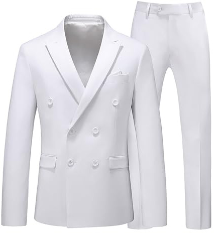 Generisch Costume à double boutonnage pour homme, coupe ajustée, coupe droite, blazer, pantalon pour homme, grande taille, 2 pièces, ensemble complet pour fête de mariage, Blanc., XXL