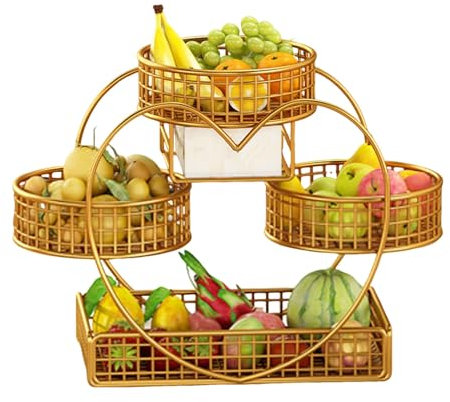 XYUERU Fruit Etagere 4 Tiers Fruit Basket, Fruit Stand Fruit Rack Fruit Bowl Holder Afternoon Tea Accessories with Serving Plate Metal Etagere for Buffets Snacks Vegetable(Gold)