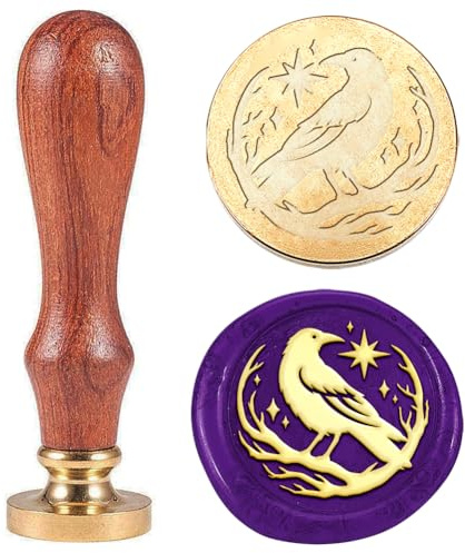 Hobbspring Sello de cera vintage de cuervo, sello de cera de cuervo, sello de cera de 30 mm, cabezal de sello de latón extraíble con mango de madera para sobres, invitaciones, decoraciones de boda