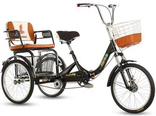 Wasd3Pods 20inch Adult Tricycle,Three Wheel Cruiser Bike,With Shopping Basket,Folding Frame,Comfortable Rear Seats, Double Chain,Two-Seater Adult Tricycle,Black
