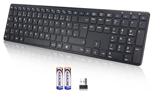 INFINMIND Ultraflache kabellose Tastatur mit leiser Full Size Tastatur, Matte Computer Tastatur mit 19 Multimedia-Tasten,Lange Akkulaufzeit für Desktop, Laptop, MAC, Windows, QWERTZ