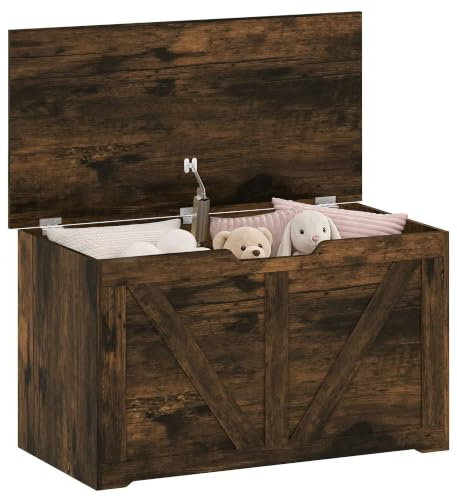 HOMCOM 100L Storage Chest with Lid Storage Bench Blanket Box Rustic Brown | Shoe Bench with Safety Hinge, U-shaped Cut-out Pull, for Bedroom, Living Room, Entryway, 80 x 40 x 45 cm