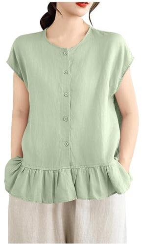 GMQWRK Blusa con botones para mujer, de manga casquillo, dobladillo con volantes, ligera, de algodón, con volantes, estilo casual, de manga corta, para salir, verde menta, L