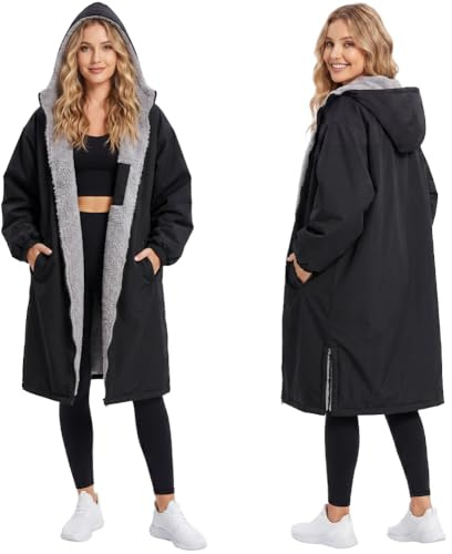 AUYAO Adult Changing Robe Unisex Zip Robe Hooded Oversized Towel Poncho Coat Windproof Warm Swimming Robe Surfing Bathing Poncho Towel Beach Towel Watersports Hooded Jacket Dressing Gowns(Black-L-XL)