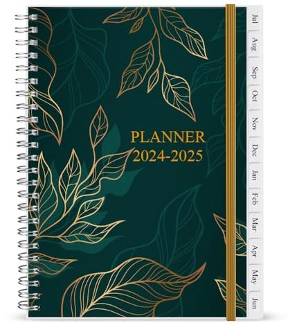 2025-2026 Diary, July 2025 - June 2026, A5 Weekly Planner with 12 Monthly Tabs, Back Pocket, Planner 2025-2026 with Elastic Closure, Flexible Cover, 14.8×21cm, Green