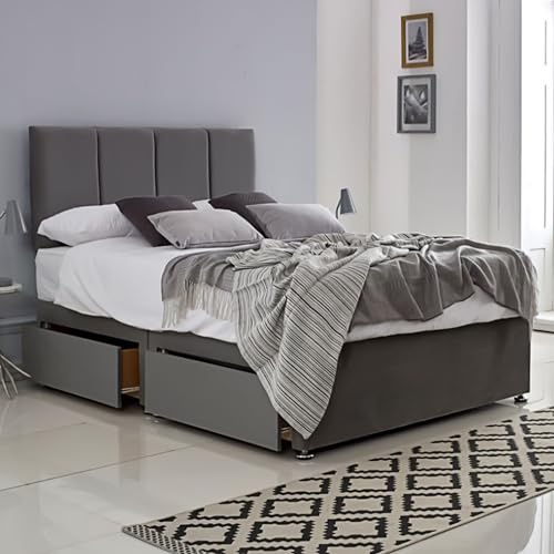 ComfoRest 4 Panel 4FT Small Double Divan Bed with storage drawers (x2) – Grey base and 24 inch headboard – sturdy base for all mattress types, easy assembly, UK made
