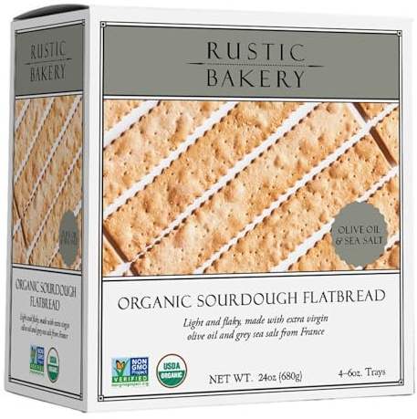Rustic Bakery Handmade Sourdough Flatbread - Olive Oil & Sel Gris - Sea Salt Charcuterie Crackers - Artisan Crackers for Cheese Platter or Snacking - Made in California - Pack of 4, 6 Oz Trays